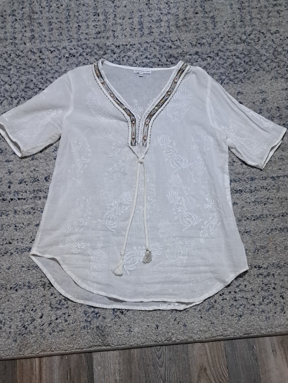 Embroidered Cream V-Neck Tunic with Beaded Trim
